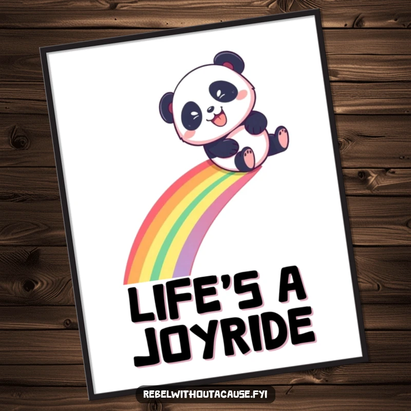 Funny Panda Poster print of a playful panda sliding down a vibrant rainbow with a mischievous grin, great funny gift.