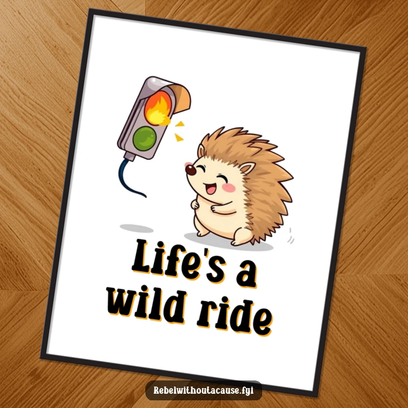 Funny giggling hedgehog rolling enthusiastically towards a broken signal light, presented as humorous wall art.