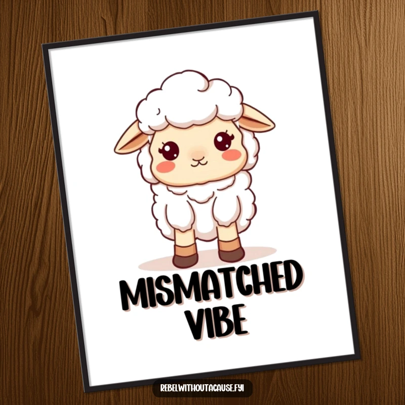 Funny Sheep Poster: A kawaii sheep wearing mismatched socks looks adorably scattered, creating a whimsical and humorous piece of wall art.