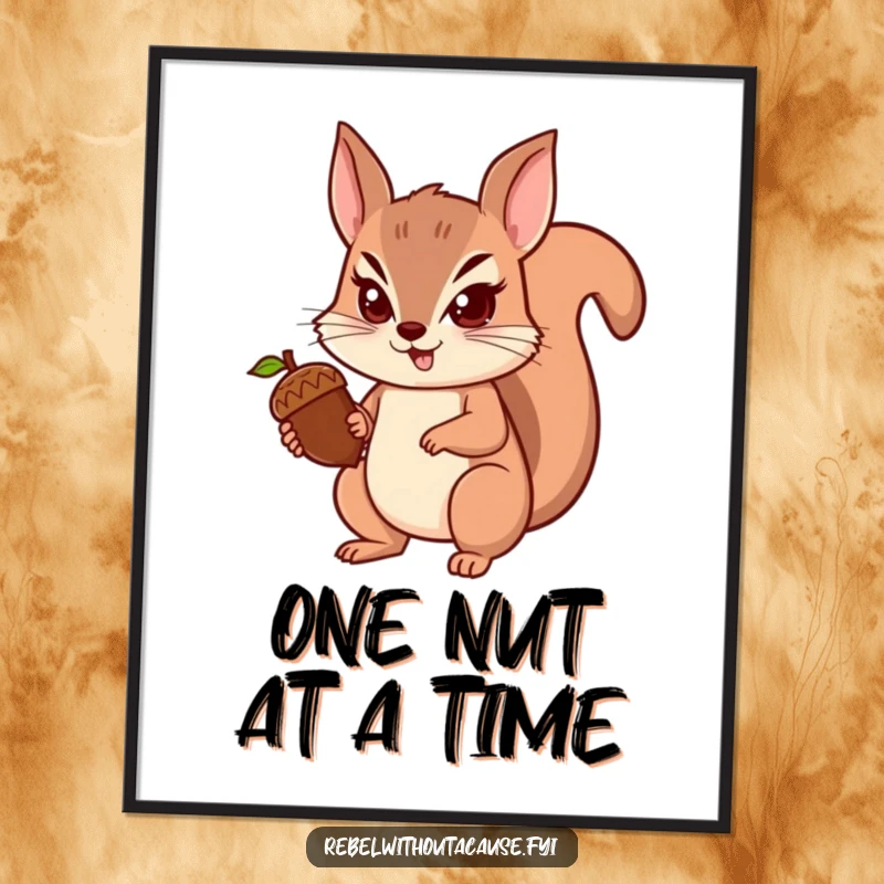 Funny squirrel poster featuring a spunky squirrel with a determined look, defending its single acorn, perfect for focused decor, funny gift.