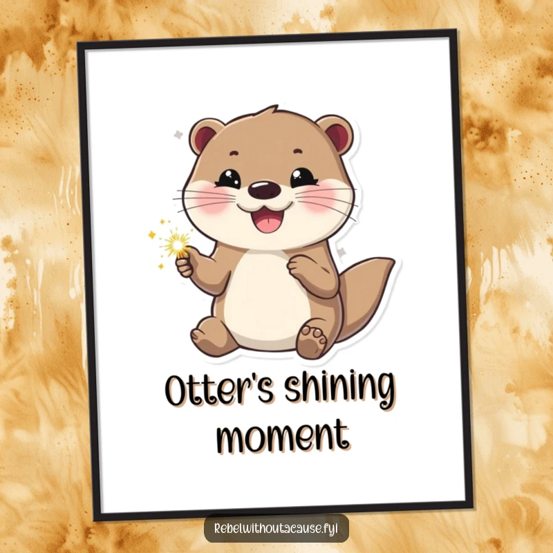 Funny otter poster of a happy otter holding a sparkler, looking cool and confident. Celebratory and humorous wall art.