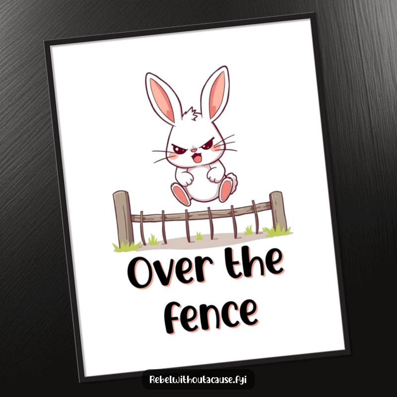 Funny Bunny Poster depicting a rebellious bunny with a determined expression jumping over a fence, a humorous motivational piece.