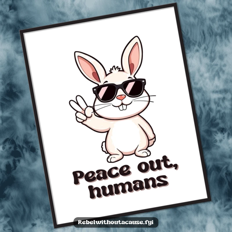 Funny poster art of a rebellious bunny wearing dark sunglasses, smirking while giving a peace sign.