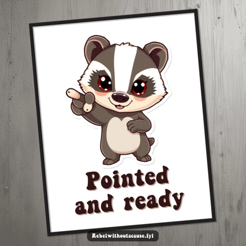 Funny bold badger poster showing a determined badger pointing forward with a confident expression, bringing motivational humor to any room.