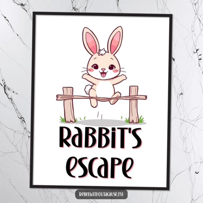 Funny rabbit poster of a cheerful rabbit with a determined expression, jumping over a broken fence. Inspiring and humorous wall art.