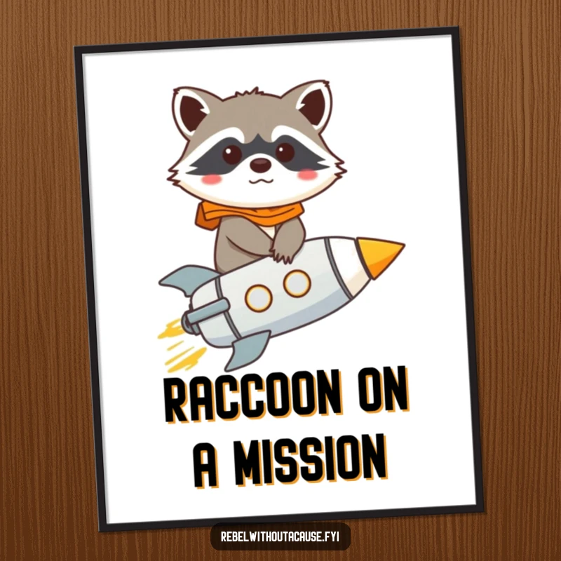 Funny raccoon astronaut on a miniature rocket, gazing determinedly from a poster, a humorous piece of wall art.