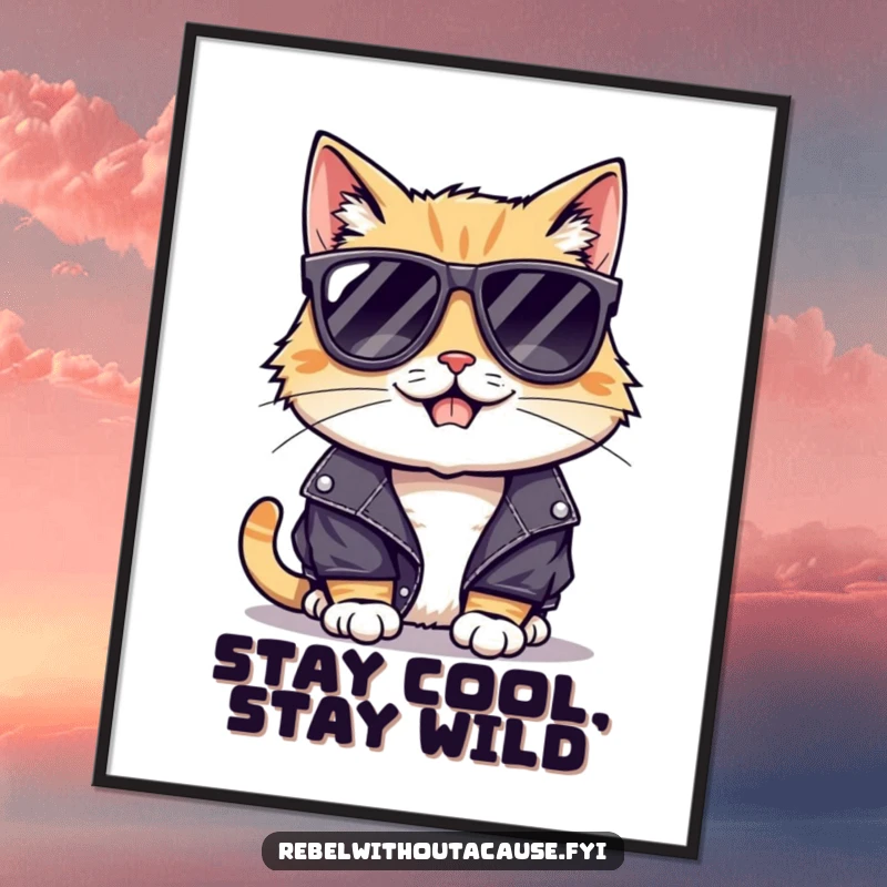 Funny poster showcasing a cool cat in sunglasses and a leather jacket, boasting a mischievous grin, embodying cool.
