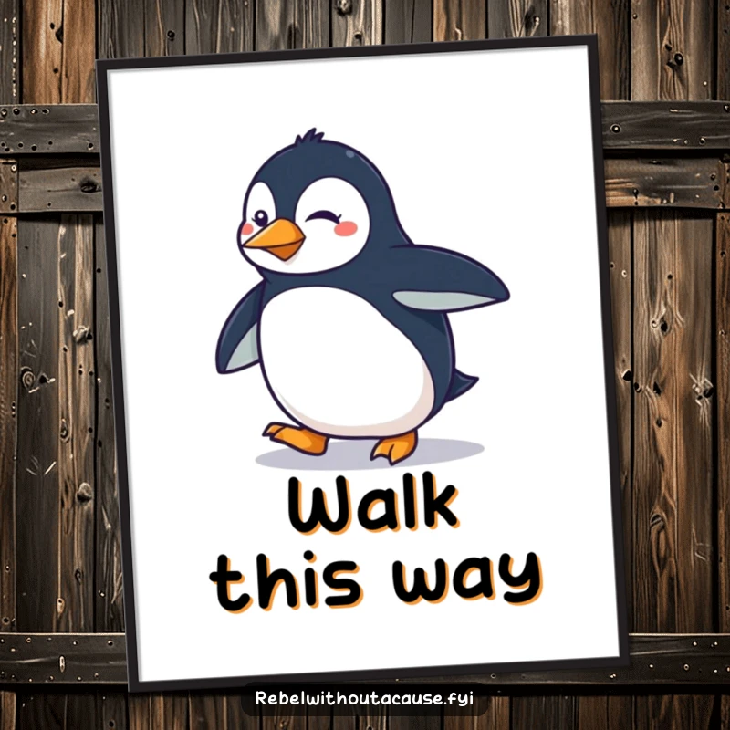Funny determined penguin doing a smooth, sassy strut on a poster, motivational wall art.