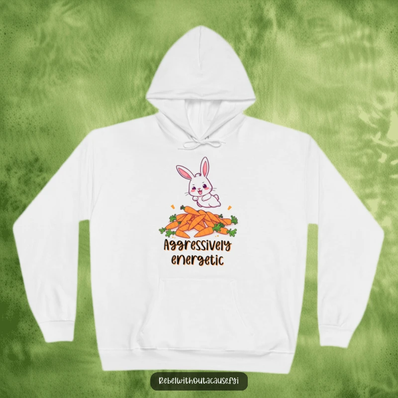 Funny hoodie featuring a bold bunny aggressively hopping over discarded carrots, radiating humorous energy and pursuit.