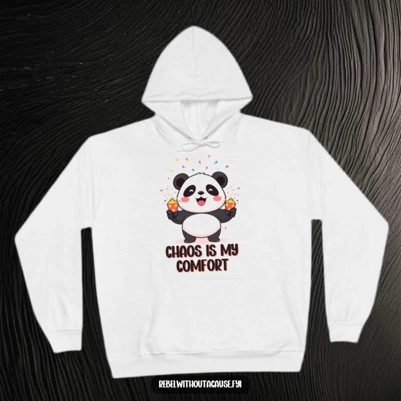 Funny Panda Hoodie: Mischievous panda actively juggling three exploding confetti poppers, radiating festive and energetic vibes.