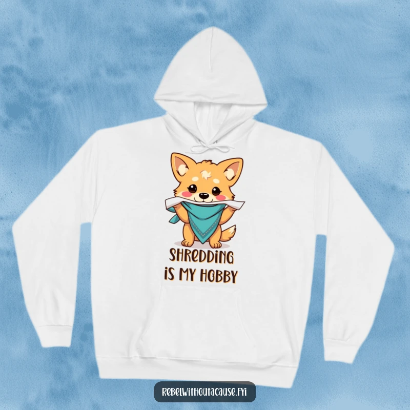 Funny hoodie featuring a carefree dog in a bandana, enthusiastically ripping paper, symbolizing playful destruction and comfort.