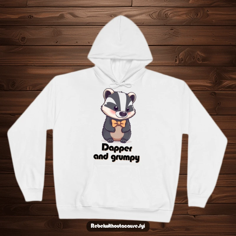 Funny hoodie featuring a bold badger with a tiny, crooked bowtie, looking aloof, perfect for cozying up with dapper humor, a great funny gift.