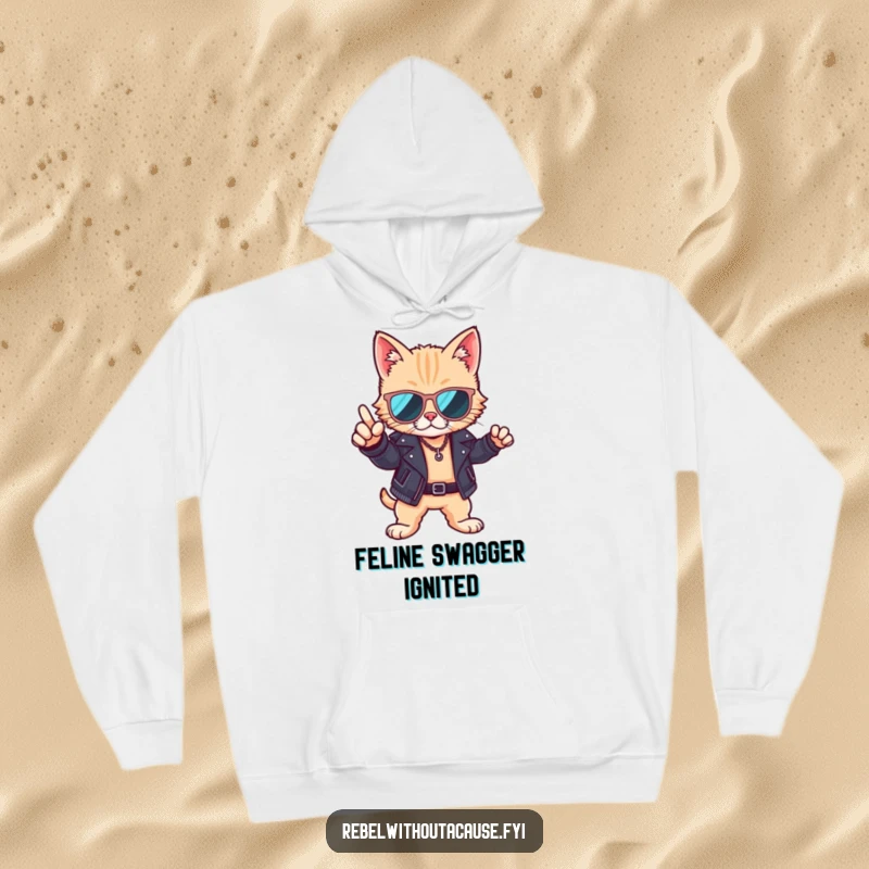 Funny hoodie featuring a cool cat wearing sunglasses and a leather jacket, offering warmth and a dash of rockstar attitude.