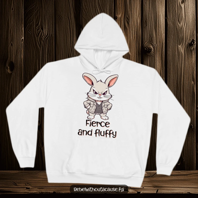 Funny hoodie with a defiant bunny, wearing a ripped jacket, scowling playfully, offering comfort and a touch of rebellious style.