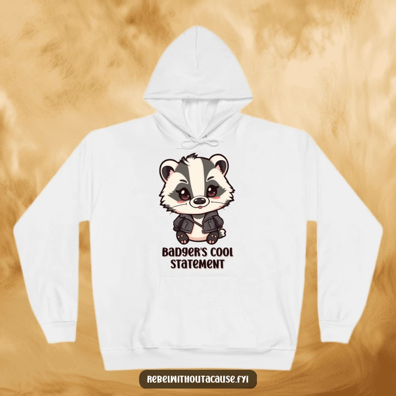 Funny badger hoodie featuring a cute badger in a leather jacket and slicked-back hair, smirking with a cool, confident expression. A warm and stylish choice.