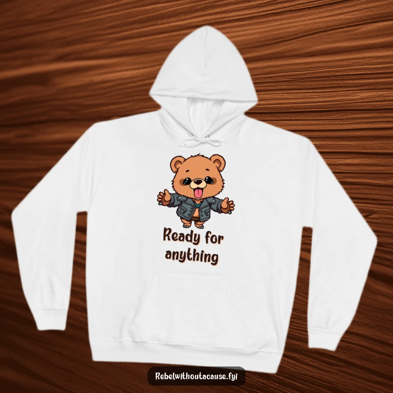 Funny bear cub hoodie showing a brave cub in a ripped leather jacket, tongue out, perfect for a cozy and rebellious funny gift.