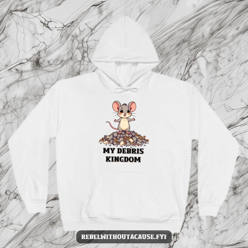 Funny brave mouse hoodie featuring a small mouse standing tall on debris, perfect for staying warm and feeling empowered.