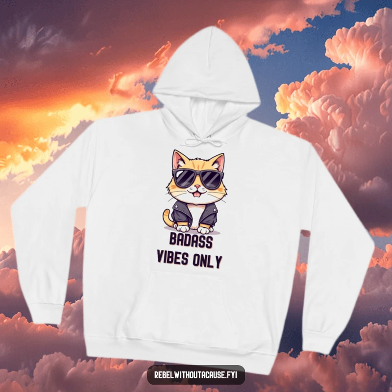 Funny hoodie depicting a suave cat in sunglasses and a leather jacket, sporting a mischievous grin, ready for anything.