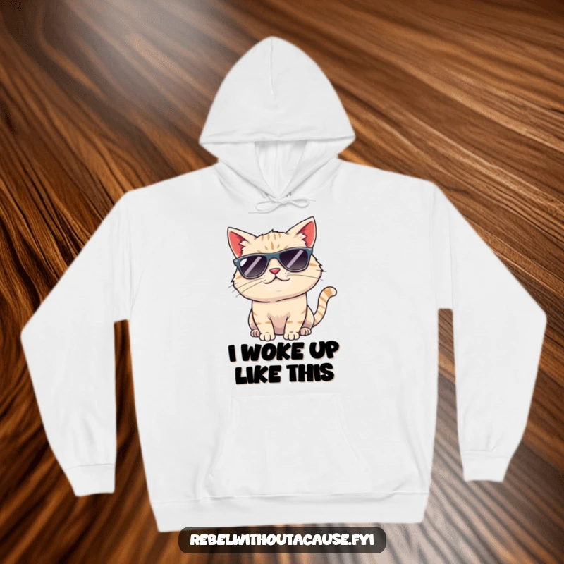 Funny cool cat hoodie showcasing a smug cat in sunglasses, head tilted, a perfect blend of warmth and street style.