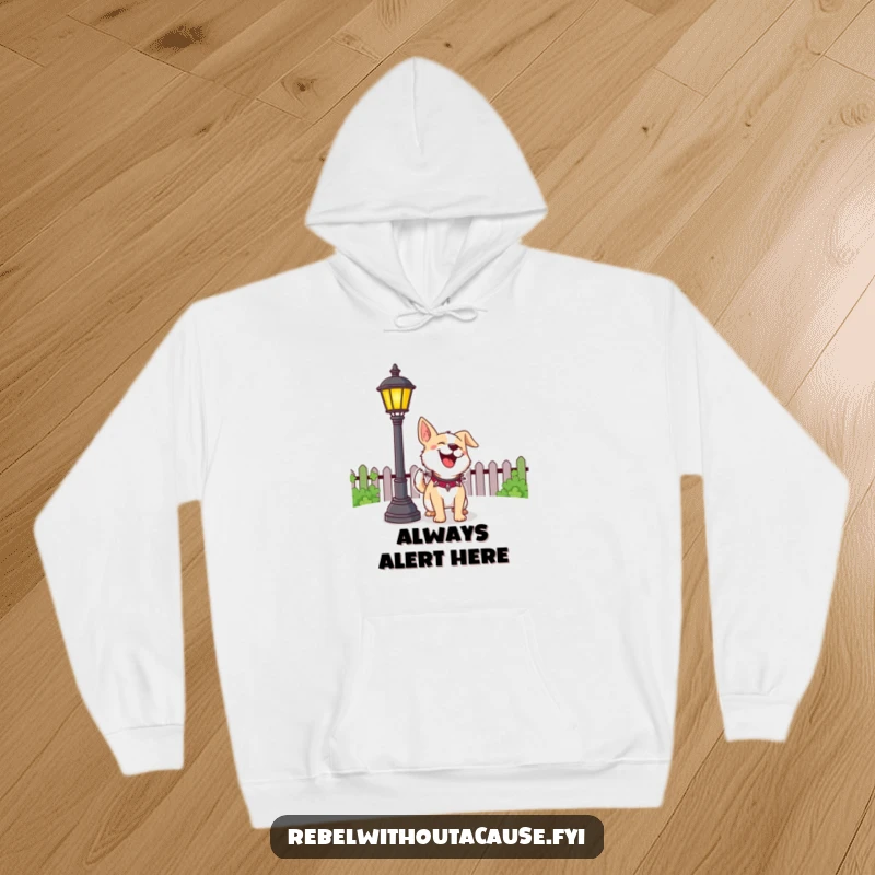 Funny Dog Hoodie depicting a cheerful dog with a spiked collar playfully barking at a lamppost, ideal for cozy humor.