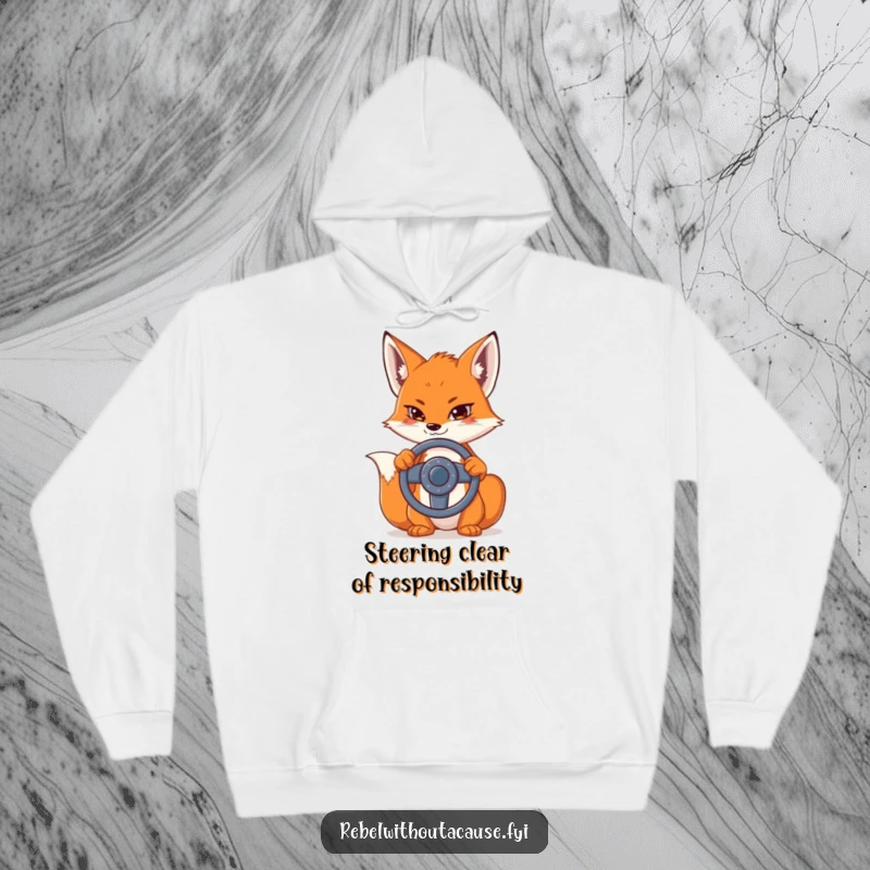 Funny hoodie with a sly fox holding a detached steering wheel, exuding mischief and humor, a great gift for car enthusiasts.