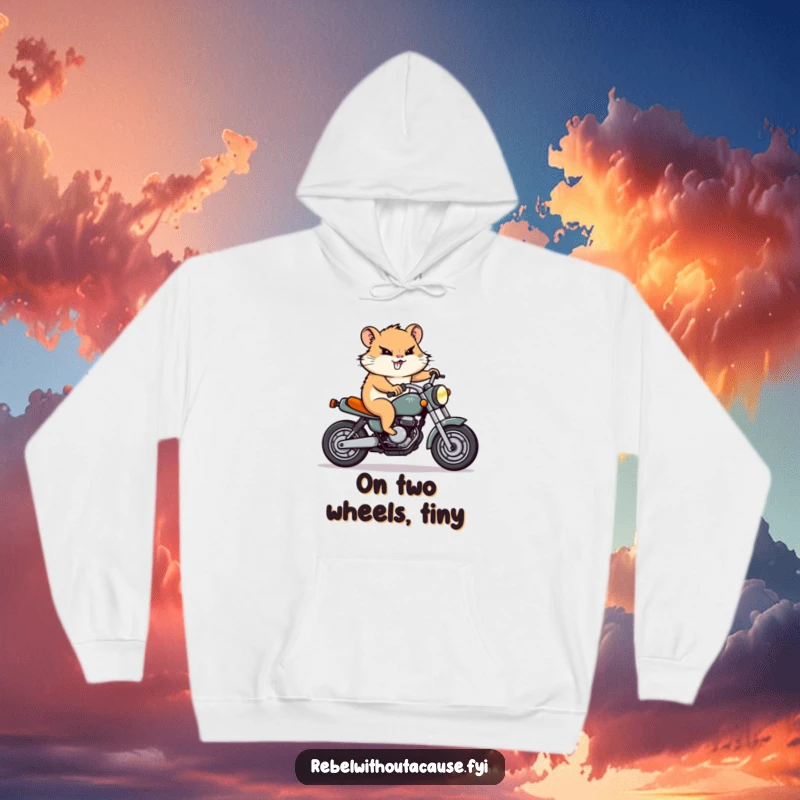 Funny Hamster Motorcycle Hoodie: A determined hamster character rides a tiny motorcycle, wearing a focused grin, perfect for warmth.