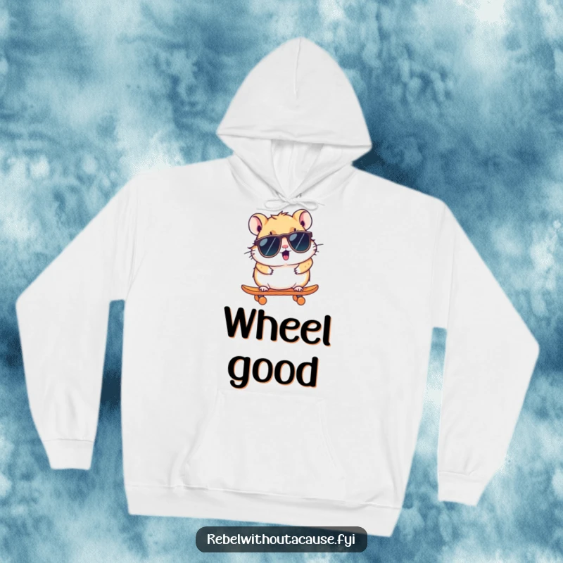 Funny Hamster Hoodie: A kawaii hamster in sunglasses zooms on a skateboard, depicted on a cozy and stylish hoodie.