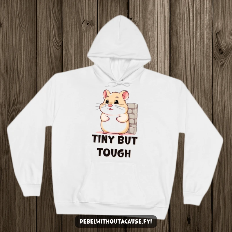 Funny hoodie featuring a confident hamster with a smirk, leaning casually against a miniature wall, radiating cool.