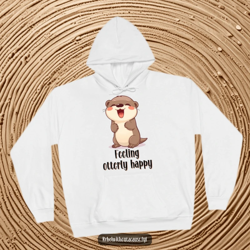 Funny giggling otter with a carefree attitude doing a playful flip on a cozy hoodie.
