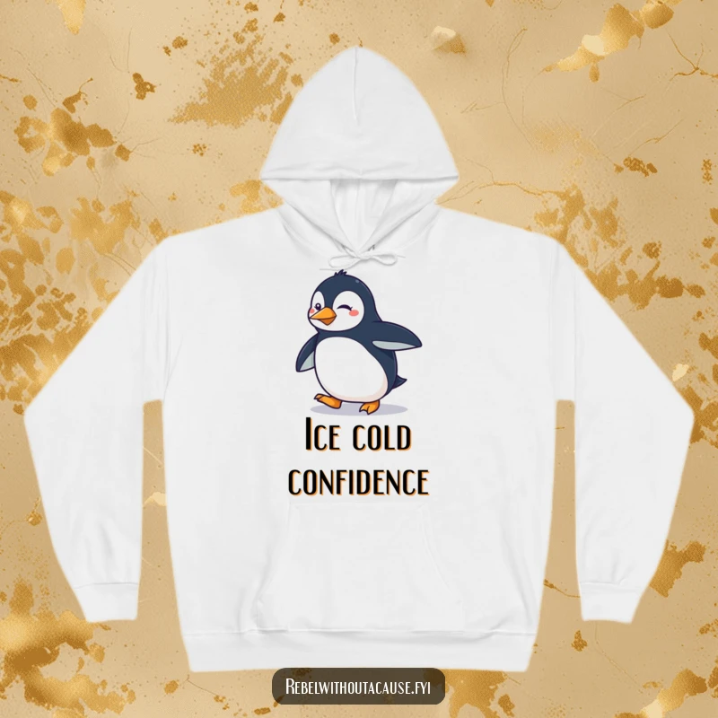 Funny determined penguin doing a smooth, sassy strut on a hoodie, perfect for winter sass.