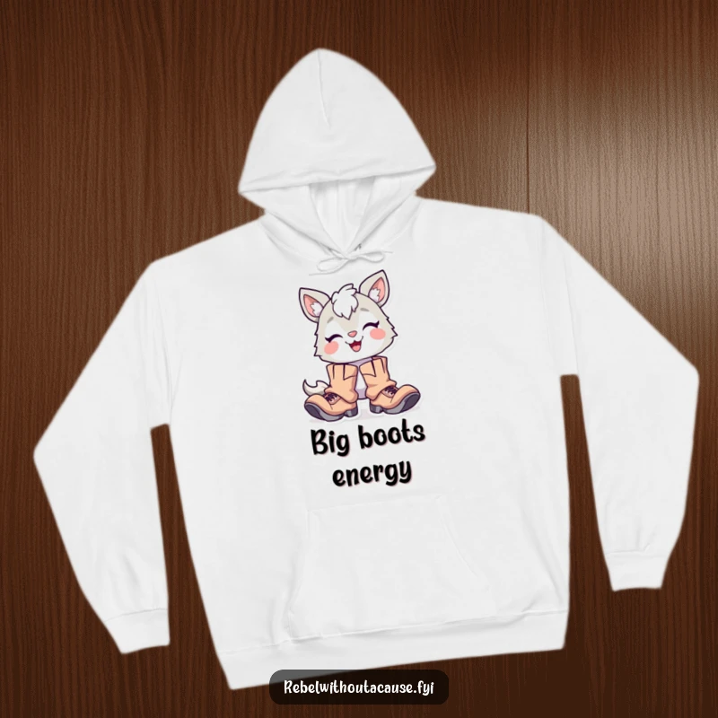 Funny Hoodie: Delighted Animal Character with Proud Smirk, Wearing Oversized Tattered Boots, Cozy and Humorous.