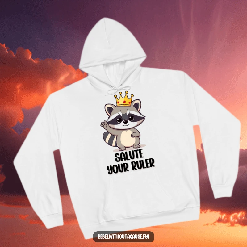Funny Raccoon King Hoodie: A bold raccoon character wearing a tiny crown gives a cool salute, perfect for cozy regality.