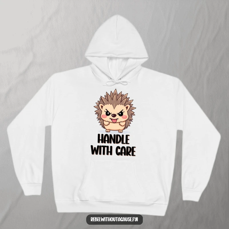 Funny rebellious hedgehog hoodie showing a defiant hedgehog with spiky hair, perfect for staying warm and expressing a bold attitude.