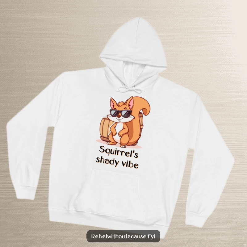 Funny squirrel hoodie featuring a mischievous squirrel wearing sunglasses and smirking, leaning against a barrel. Cozy and cool apparel.