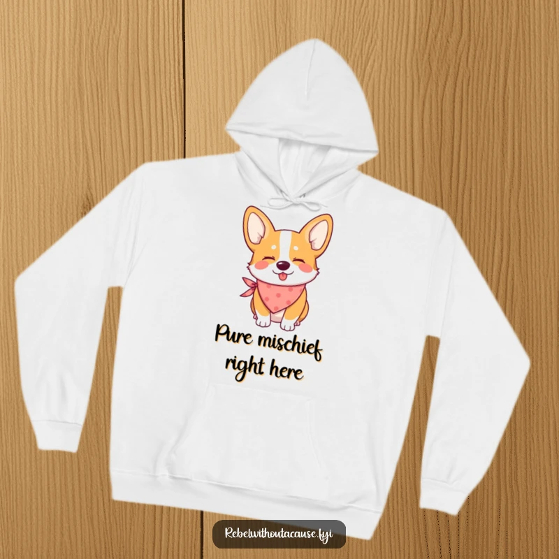 Funny hoodie showcasing a mischievous corgi with a bandana, giving a cheeky wink, perfect for casual wear.