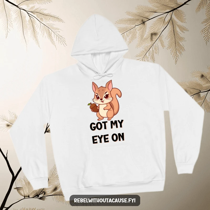 Funny squirrel hoodie featuring a spunky squirrel with a determined look holding an acorn, offering warmth and a message of focus, funny gift.