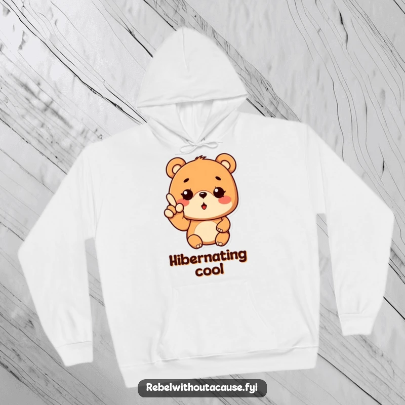 Funny Cool Bear Hoodie showcasing a bear with a wavy finger gesture and a wink, designed for ultimate warmth and cool humor.