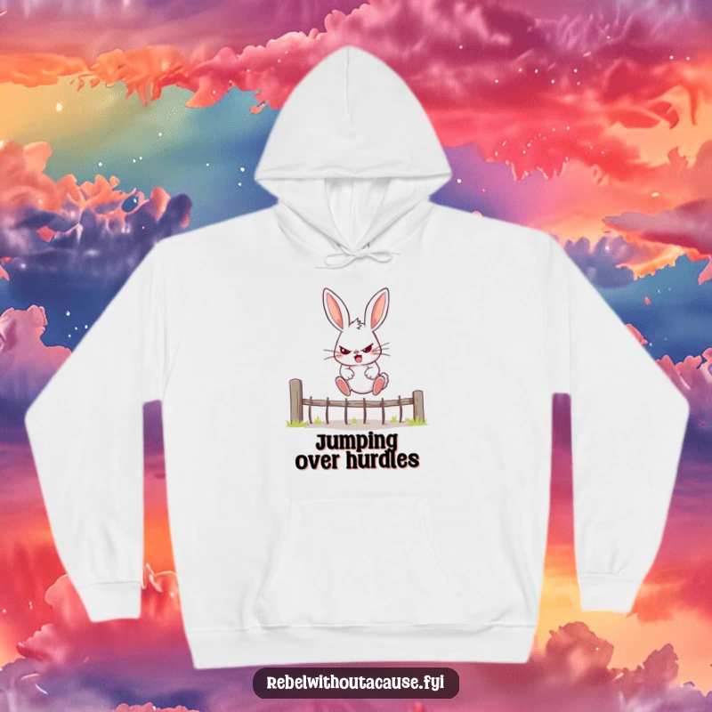 Funny Bunny Hoodie depicting a rebellious bunny with a determined expression leaping over a fence, perfect for cozy motivation.