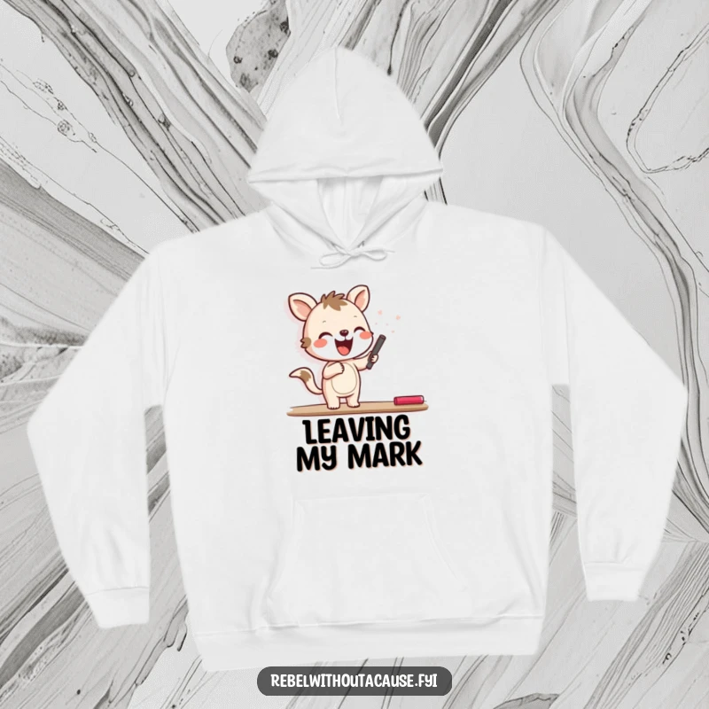 Funny hoodie with a joyful animal character happily scrawling with chalk on a blank wall, offering cozy creativity and warmth.