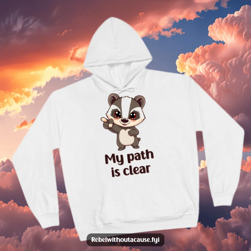 Funny bold badger hoodie featuring a determined badger pointing forward with a confident expression, perfect for staying warm and inspired.