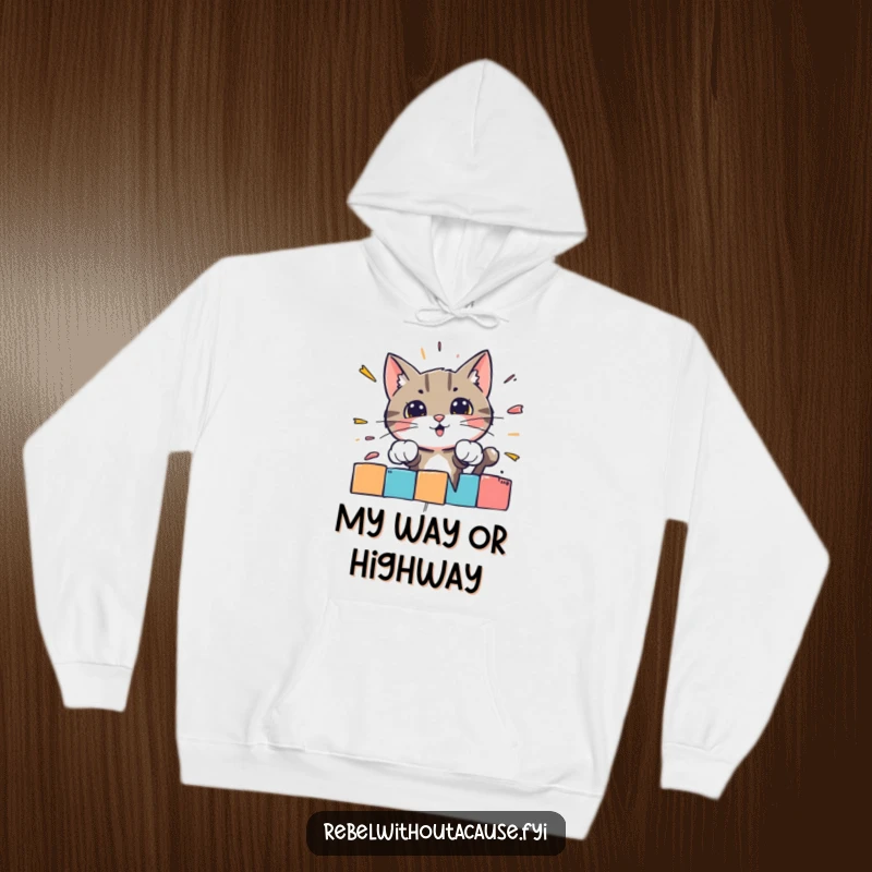 Funny hoodie featuring a bold cat character breaking through a brightly colored, striped barrier with impressive force.