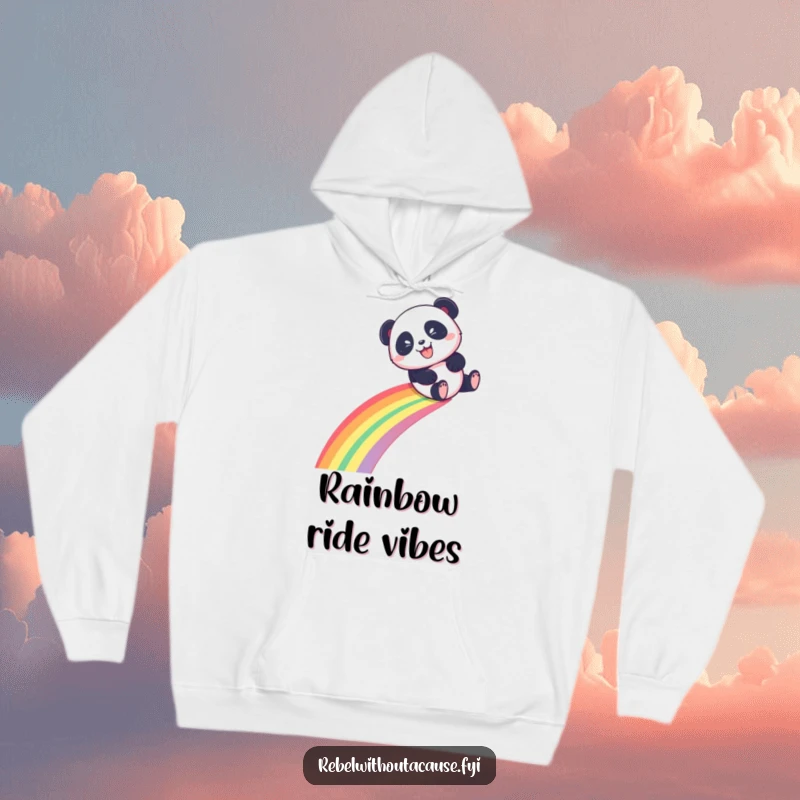 Funny Panda Hoodie featuring a playful panda sliding down a rainbow with a mischievous grin, wonderful funny gift.