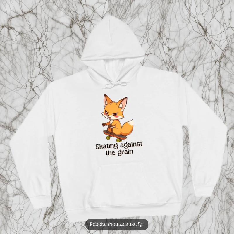 Funny fox hoodie featuring a cheeky fox skateboarding backwards, offering warmth and a rebellious vibe for a funny gift.