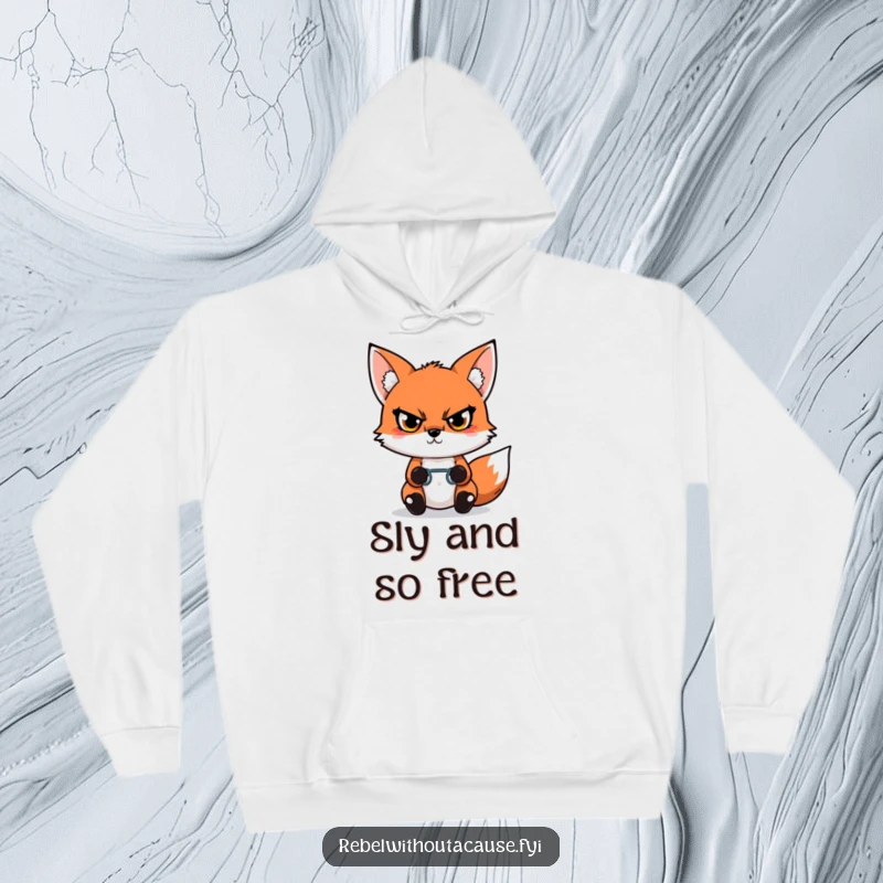 Funny Kawaii Fox Hoodie depicting a defiant fox with a fierce glare, holding a broken chain link, radiating power and resilience.