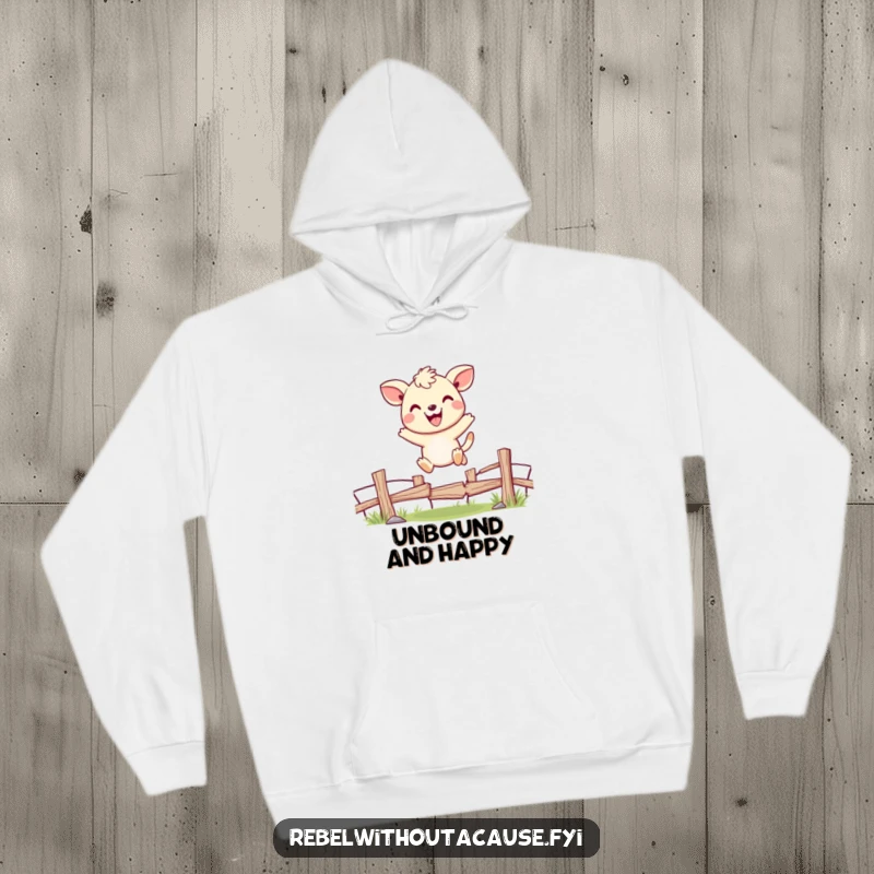 Funny hoodie with a cheerful animal character joyfully jumping over a broken fence, providing warmth and cozy optimism.