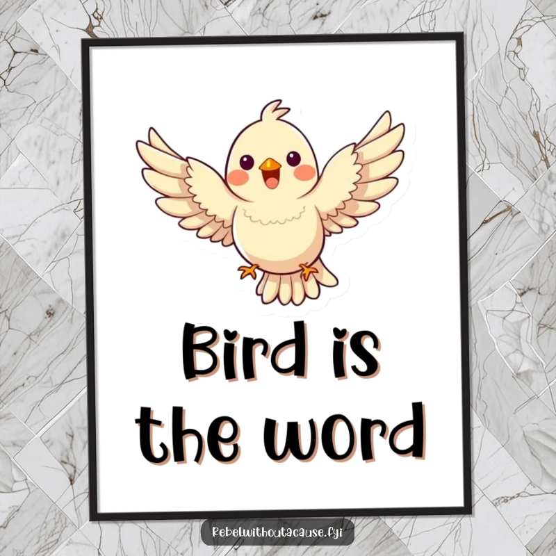 Funny Free Printable Wall Art: Happy bird flies with wings spread wide, defying gravity, exuding freedom.