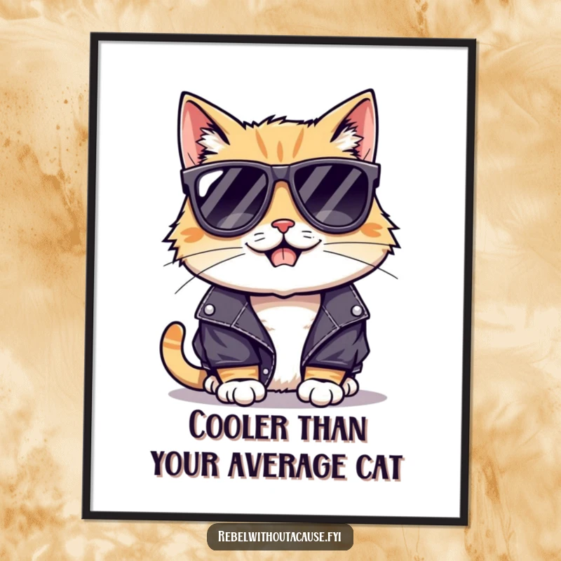 Funny Free Printable Wall Art: A super cool cat sporting sunglasses and a leather jacket with a subtly mischievous grin.