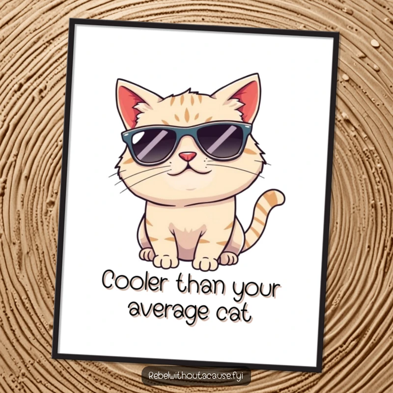 Funny Free Printable Cool Cat Wall Art: A stylish cat wearing sunglasses tips its head with a confident, smirking grin.
