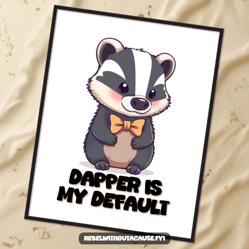 Funny Free Printable Wall Art of a bold badger wearing a tiny, crooked bowtie, looking aloof with a humorous, sophisticated expression.
