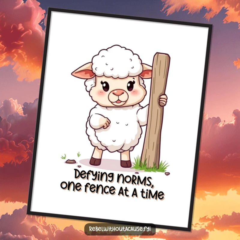Funny Free Printable Wall Art: A fluffy sheep stands defiantly, holding a broken fence post, symbolizing freedom.
